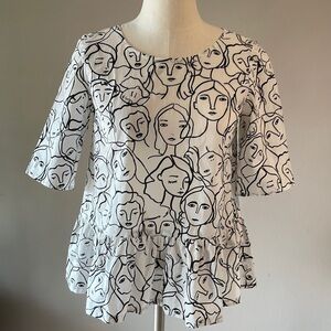 Picasso inspired women’s top FACES OUTLINE SKETCH peplum bottom size SM